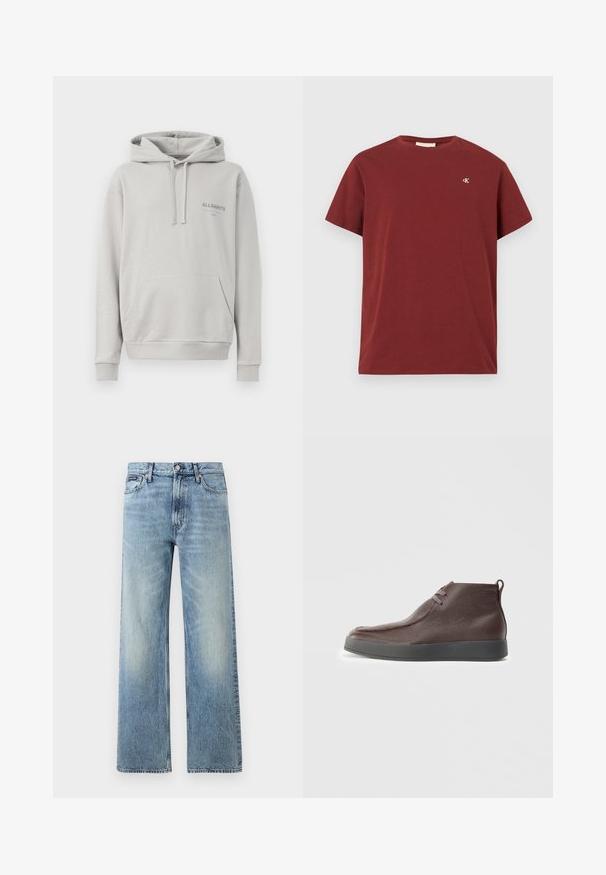 Lichtgrijze hoodie gemaakt van zachte stof, met een buidelzak, een capuchon met trekkoord en een subtiele "ALLSAINTS" logo op de borst.; Bordeaux katoenen T-shirt met korte mouwen, ronde hals en een klein geborduurd logo op de linkerborst. Glad textuur.; Lichtblauwe denim jeans met rechte pijpen, een hoge taille, vijf zakken, knoopsluiting en subtiele vervaging op de dijen en knieën.; Bruine leren enkellaarzen met een gestructureerd oppervlak, zachte ronde neus en grijze rubberen zool, voorzien van twee oogjes voor veters.