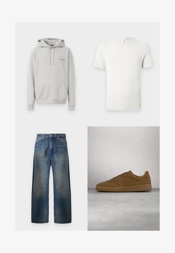 Lysegrå hættejakke lavet af blødt materiale, med en kængurulomme, snøre i hætten og et diskret "ALLSAINTS" logo på brystet.; Hvid kortærmet T-shirt med rund hals lagt fladt på en lysgrå baggrund med en lille stofmærkat ved kraven.; Vide ben blå denim jeans med en falmet finish, der har fem lommer, en knaplukning og synlige syninger.; Brun ruskindsneaker med tanfarvede snørebånd og gummisål. Har en rundet snude og synlige stikninger på overdelen. Letvægtsdesign.