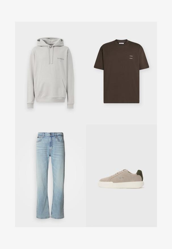 Lichtgrijze hoodie gemaakt van zachte stof, met een buidelzak, een capuchon met trekkoord en een subtiele "ALLSAINTS" logo op de borst.; Donkerbruine T-shirt met korte mouwen en ronde hals, met kleine witte "SAMSOE SAMSOE" tekstprint op de linkerborst.; Lichtblauwe denim jeans met een rechte pijp, voorzien van vijf zakken, een knoopsluiting en subtiele vervaging op de stof.; Beige suède sneakers met een witte rubberen zool, voorzien van een donkergroene hielaccent en subtiele branding aan de zijkant.