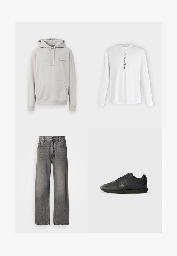 Sudadera gris claro hecha de una tela suave, con un bolsillo tipo canguro, capucha con cordón y sutil logo "ALLSAINTS" en el pecho.; Camiseta blanca de manga larga con cuello redondo con el logo "Calvin Klein" impreso verticalmente en negro en el centro delantero.; Jeans de pierna ancha en denim gris oscuro con acabado descolorido. Cuenta con el diseño clásico de cinco bolsillos y trabillas para cinturón.; Zapatillas de piel negra con puntera redondeada, suela plana negra y diseño con cordones. Presentan un logo plateado en el lateral y un acabado suave y texturizado.