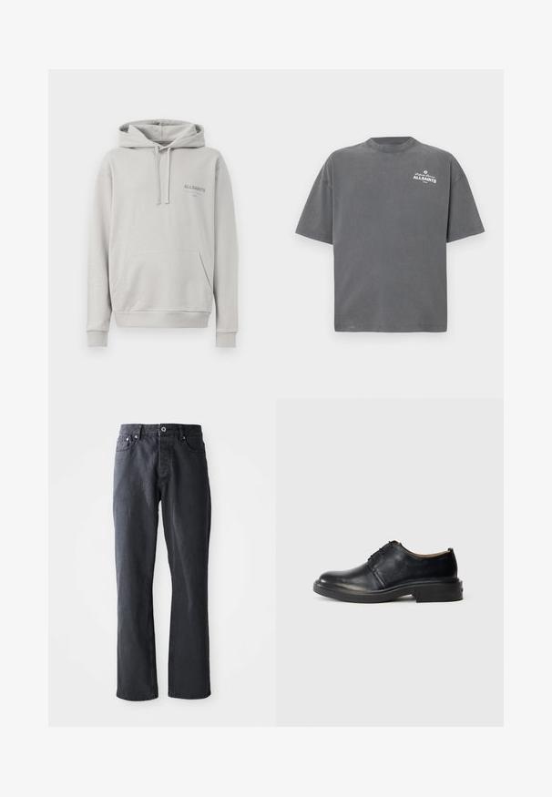 Heled hallhalli, mis on valmistatud pehmest kangast, sisaldab känguru taskut, reguleeritavat kapuutsi ja diskreetset "ALLSAINTS" logo rinnal.; Tumehall lühikeste varrukatega ümara kaelusega T-särk, millel on väike valge "ALLSAINTS" logo vasaku ülanurga rinna piirkonnas.; Tumehallid teksapüksid otse-jalga lõikega, viie taskuga stiil, ees nupp ja tõmblukk kinnituseks ning kontrastsete õmblusdetailidega.; Mustad musta nahast oxfordsärk, ümarate varvastega, nööbiga esiosa ja madala kihilise kandaga, heledal taustal.