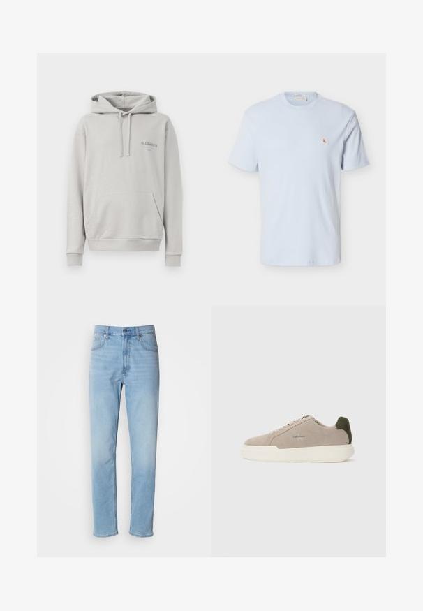 Lichtgrijze hoodie gemaakt van zachte stof, met een buidelzak, een capuchon met trekkoord en een subtiele "ALLSAINTS" logo op de borst.; Lichtblauw T-shirt met korte mouwen van wafelstructuur, ronde hals en een klein rood "CK" logo-patch op de linkerborst.; Lichtblauwe denim jeans met een rechte pasvorm, vijf zakken en riemlussen. De stof heeft een gladde textuur met een lichte vervaging.; Beige suède sneakers met een witte rubberen zool, voorzien van een donkergroene hielaccent en subtiele branding aan de zijkant.