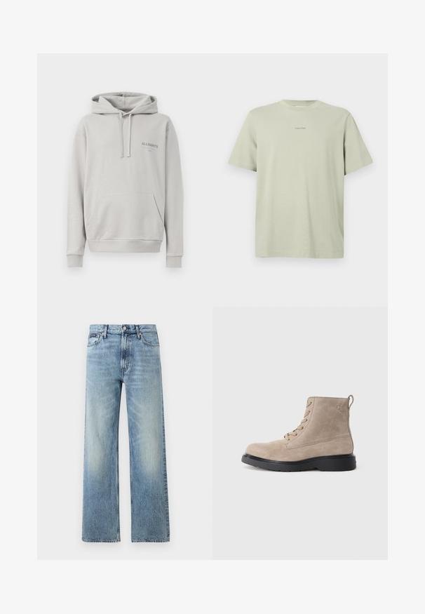 Lichtgrijze hoodie gemaakt van zachte stof, met een buidelzak, een capuchon met trekkoord en een subtiele "ALLSAINTS" logo op de borst.; Lichtgroene katoenen t-shirt met een ronde hals, korte mouwen en een klein Calvin Klein-logo in een donkerdere tint gedrukt op de borst.; Lichtblauwe denim jeans met rechte pijpen, een hoge taille, vijf zakken, knoopsluiting en subtiele vervaging op de dijen en knieën.; Beige suède enkellaarsjes met zwarte rubberen zool, vetersluiting en een klein logo dat aan de zijkant is gedrukt, voorzien van een trekloop aan de achterkant.