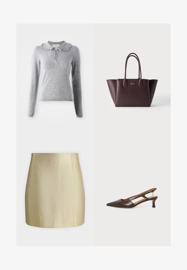 Grå strikket sweater med en flæsekrave, lange ærmer og en V-halsudskæring. Har en snøredetalje ved kraven.; Guldmetal mini nederdel med lige pasform og subtile lodrette sømdetaljer foran, mod en ensfarvet lys baggrund.; Brun læder pegepibeslingback sko med en lav buet hæl og en lille guldsmykke på den justerbare ankerrem.; Mørkebrun struktureret læderhåndtaske med to håndtag og let udvidede sider, vist på en ensartet lys baggrund.