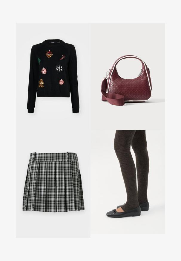 Sort sweater med rund hals, prydet med paillettudsmykninger af julesymboler: et træ, julekugler, ingefærbrød og snefnug.; Sort-hvidt ternet plisseret nederdel med en glat talje og flere lodrette folder. Fremstillet af let stof.; Ben iført mørke ribbede leggings kombineret med sorte balletsko med små sløjfedetaljer på hvid baggrund.; Mørkerød vævet lædertaske med buet hank, hvid kant, sølv lynlås og aftagelig bred stofskulderrem mod en ensfarvet baggrund.