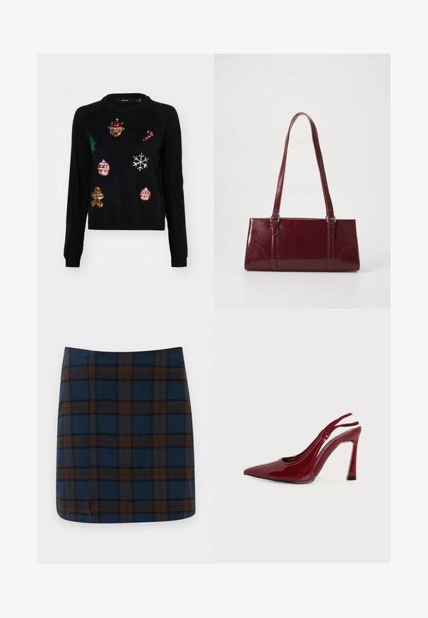 Sort sweater med rund hals, prydet med paillettudsmykninger af julesymboler: et træ, julekugler, ingefærbrød og snefnug.; Marineblåternet mini nederdel med brune og grå striber, lavet af et glat stof, med en diskret slids bagpå for let bevægelse.; Blank mørkerød dameslingback med spids tå og tynd, buet hæl på hvid baggrund.; Bordeaux håndtaske lavet af glansfuldt materiale, rektangulær form, med to skulderremme og subtile buede detaljer på forsiden.