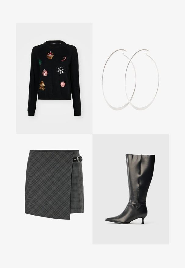 Sort sweater med rund hals, prydet med paillettudsmykninger af julesymboler: et træ, julekugler, ingefærbrød og snefnug.; Mørkegrå ternet uld wrap nederdel med sort spænde detalje på højre side, lige kant og subtil diagonalt mønster.; Sort knæhøj læderstøvle med spids tå og lav kittenhæl, vist på en enkel lys baggrund.; Sølv hoops øreringe med et tyndt, glat design; langstrakt oval form; poleret finish; har en sikker krog lukning.