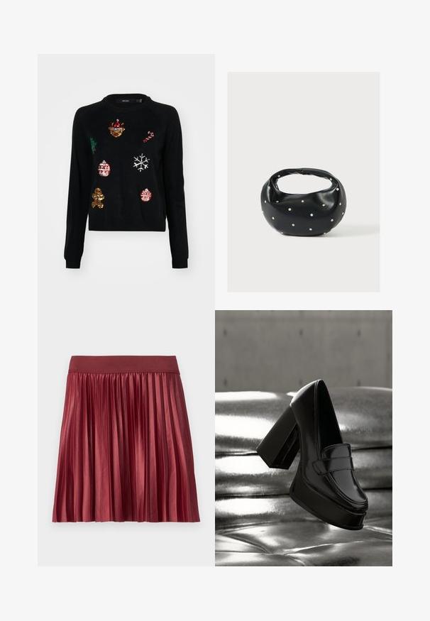 Pull noir à col rond, orné de sequins représentant des icônes de Noël : un arbre, des décorations, un bonhomme en pain d'épice et des flocons de neige.; Jupe plissée en tissu bourgogne brillant avec une large taille élastique. La longueur est au-dessus du genou, avec des plis verticaux sur toute la surface.; Mocassin à plateforme en cuir verni noir avec un talon bloc épais flottant au-dessus d'une surface matelassée métallique brillante.; Sac à main en cuir noir de forme arrondie, décoré de clous argentés et équipé d'une poignée courte. Texture lisse et fermeture éclair.