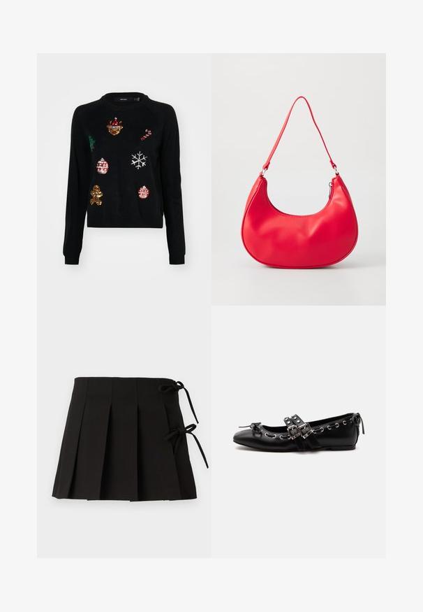 Suéter negro con cuello redondo, adornado con lentejuelas de iconos navideños: un árbol, adornos, pan de jengibre y copos de nieve.; Falda plisada negra con lazos laterales, hecha de una tela de textura suave; presenta un diseño estructurado y líneas limpias.; Zapato de ballet plano negro con correas de doble hebilla, ojales plateados y un pequeño lazo cerca de la puntera redondeada sobre un fondo blanco.; Bolso de hombro de piel sintética roja con forma curvada, correa delgada y cierre de cremallera. Textura suave con detalles de costura visibles.