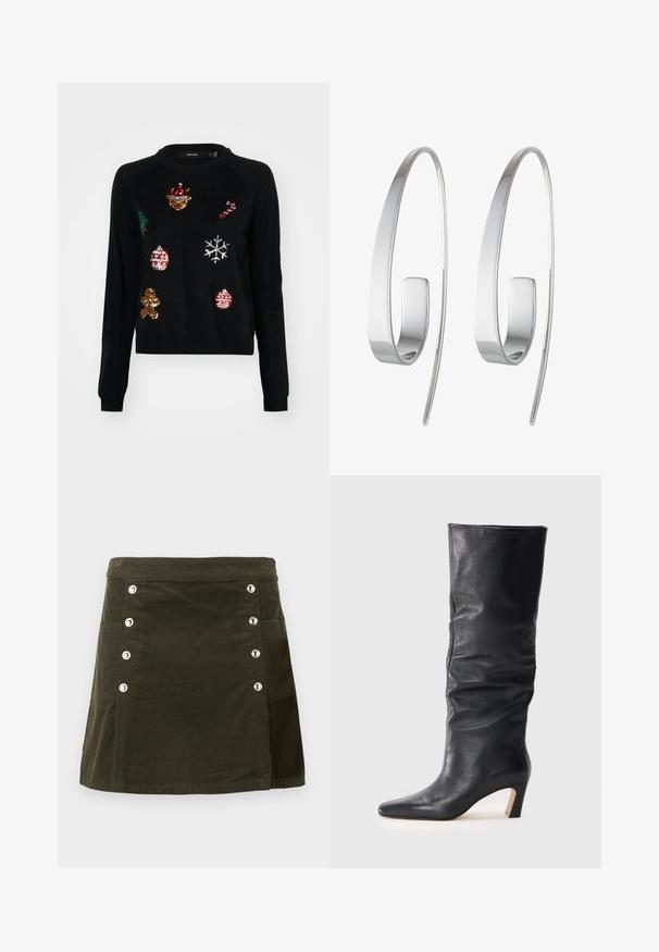 Sort sweater med rund hals, prydet med paillettudsmykninger af julesymboler: et træ, julekugler, ingefærbrød og snefnug.; Olivenfarvet kordfløjlsskyder med fem sølvfarvede knapper fortil og en sidelomme, med en lige snit og subtil tekstur.; Sorte læderstøvler med hæl til midt på læggen, med en let skrånet skaft og spids tå på en lys baggrund.; Sølv hoops øreringe med et slankt, forlænget design. Lavet af poleret metal med en glat overflade og minimalistisk stil.