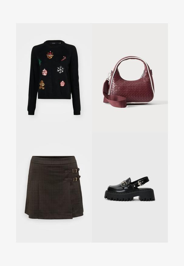 Pull noir à col rond, orné de sequins représentant des icônes de Noël : un arbre, des décorations, un bonhomme en pain d'épice et des flocons de neige.; Jupe à carreaux sombre, de forme évasée, dotée de deux bouclettes sur les côtés en métal doré. Fabriquée en tissu texturé avec un motif check discret.; Sandales sur plateforme noires en cuir brillant, dotées d'une sangle à boucle et d'une semelle épaisse texturée avec des nervures prononcées.; Sac à main en cuir tressé marron foncé avec poignée courbée, garniture blanche, fermeture éclair argentée et bandoulière large en tissu amovible sur fond uni.