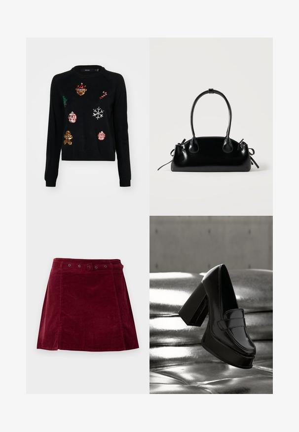 Sort sweater med rund hals, prydet med paillettudsmykninger af julesymboler: et træ, julekugler, ingefærbrød og snefnug.; Mørkerød kordnederdel med matchende bælte og metaløjer, med en let A-form og frontpaneldetalje.; Sort laklæder plateau-loafer med chunky blokhæl, der svæver over en blank metallisk polstret overflade.; Lille sort blank håndtaske med to lange håndtag og snøre-detaljer i siden på en ensfarvet lys baggrund.