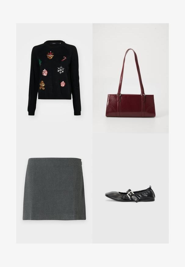 Pull noir à col rond, orné de sequins représentant des icônes de Noël : un arbre, des décorations, un bonhomme en pain d'épice et des flocons de neige.; Jupe en damier noir et blanc en tissu à la texture lisse. Présente une silhouette droite et une fermeture éclair sur le côté.; Chaussure plate en cuir noir avec un nez pointu, des détails froncés autour de l'ouverture et un accent en boucle argentée sur la bride ajustable.; Sac à main bordeaux en matériau brillant, de forme rectangulaire, avec deux anses et des accents légèrement courbés à l'avant.