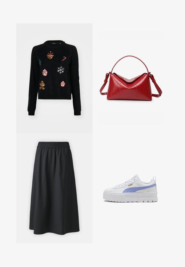 Sort sweater med rund hals, prydet med paillettudsmykninger af julesymboler: et træ, julekugler, ingefærbrød og snefnug.; Sorte knælange nederdel med elastisk talje, glat tekstur og enkelt design. Ingen mønstre eller accenter til stede. Letvægtsstof.; Hvid Puma-sneaker med tyk sål og lyse lilla stribe, med Puma-logo i guld og på sålens sidetab.; Rød håndtaske lavet af glansfuldt materiale med en struktureret form. Har et buet håndtag, justerbar rem og lodrette prægede mønstre.