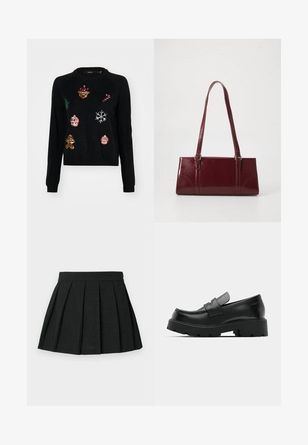 Suéter negro con cuello redondo, adornado con lentejuelas de iconos navideños: un árbol, adornos, pan de jengibre y copos de nieve.; Falda corta de pliegues negra hecha de tela texturizada. Presenta una cinturilla y un sutil patrón de cuadros en toda la prenda. Longitud corta con pliegues en capas.; Mocasines de cuero negro con suela gruesa y texturizada, que presentan una correa sobre el empeine y un acabado suave y pulido.; Bolso burdeos hecho de material brillante, de forma rectangular, con dos asas para el hombro y sutiles acentos curvados en la parte frontal.