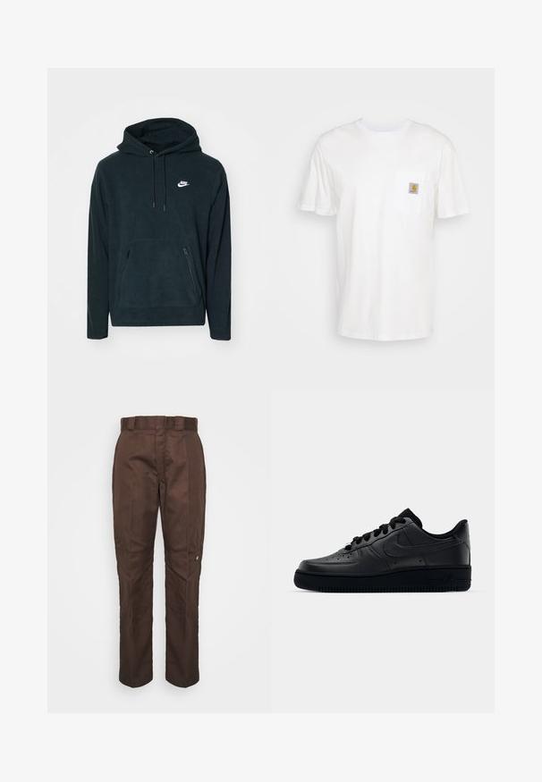 Sort fleece hættetrøje med en front kangaroo lomme og to lynlåslommer i siderne. Indeholder en hætte med snoretræk og et hvidt Nike-logo.; Hvid bomulds T-shirt med korte ærmer, en brystlomme, og et lille firkantet logo patch i orange og hvid på lommen.; Brune, lige bukser med en glat tekstur. Har beltestropper, sidesømme og et lille mærke-logo på venstre ben.; Sort Nike Air Force 1 sneaker med en glat læderoverdel, perforeret tå for åndbarhed, sorte snørebånd og en textured gummisål.