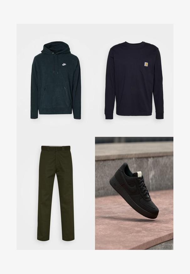 Schwarzer Fleece-Hoodie mit einer vorderen Kängurutasche und zwei seitlichen Reißverschlusstaschen. Enthält eine Kapuze mit Kordelzug und ein weißes Nike-Logo.; Langärmliges T-Shirt in Marineblau aus Baumwolle mit einer Brusttasche und einem Logo-Patch. Gerader Saum und gerippte Bündchen.; Dunkelgrüne Hosen mit geraden Beinen, aus einem glatten Stoff. Sie verfügen über einen flachen Bund, Gürtelschlaufen und sind ohne sichtbare Muster oder Beschläge.; Schwarzer Nike Air Force 1 Sneaker, der über einer rosa Betonkante mit grauem Stein-Hintergrund schwebt und Seiten- sowie Oberseiten-Details zeigt.