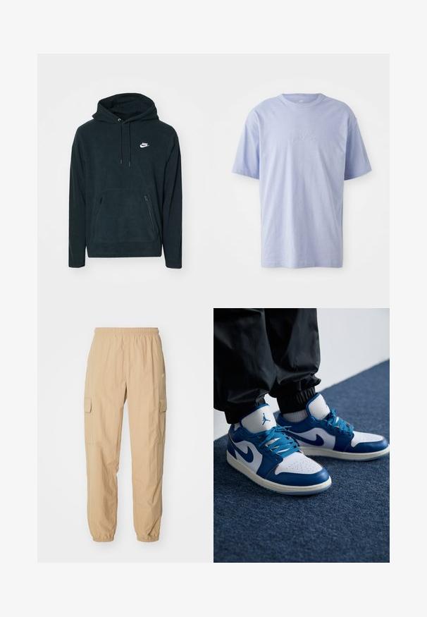 Schwarzer Fleece-Hoodie mit einer vorderen Kängurutasche und zwei seitlichen Reißverschlusstaschen. Enthält eine Kapuze mit Kordelzug und ein weißes Nike-Logo.; Hellblaues Baumwoll-T-Shirt mit Rundhalsausschnitt und kurzen Ärmeln. Mit einem geprägten "Nike"-Logo auf der Vorderseite in der Mitte. Weicher Stoff.; Beige Cargo-Hosen aus leichtem Stoff, mit einem elastischen Bund, zwei Seitentaschen und elastischen Bündchen an den Knöcheln.; Die Nike Air Jordan Sneakers verfügen über eine weiße Lederbasis mit blauen synthetischen Akzenten, einer perforierten Zehenbox und blauen Schnürsenkeln.