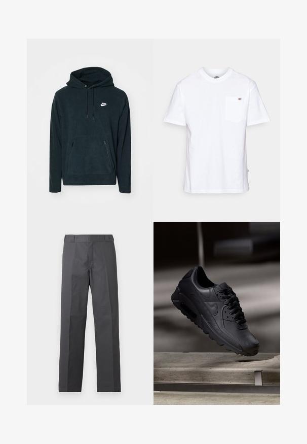 Sort fleece hættetrøje med en front kangaroo lomme og to lynlåslommer i siderne. Indeholder en hætte med snoretræk og et hvidt Nike-logo.; Hvid bomulds t-shirt med rund halsudskæring, korte ærmer og en brystlomme med et lille mærke-logo på venstre side.; Mørkegrå bukser med lige ben, flad front og uden synlige lommer, vist på en ensartet hvid baggrund.; Sorte Nike Air Max-sneakers med en struktureret læderoverdel, gummisål og fremtrædende snøresystem, der viser et slankt, moderne design.