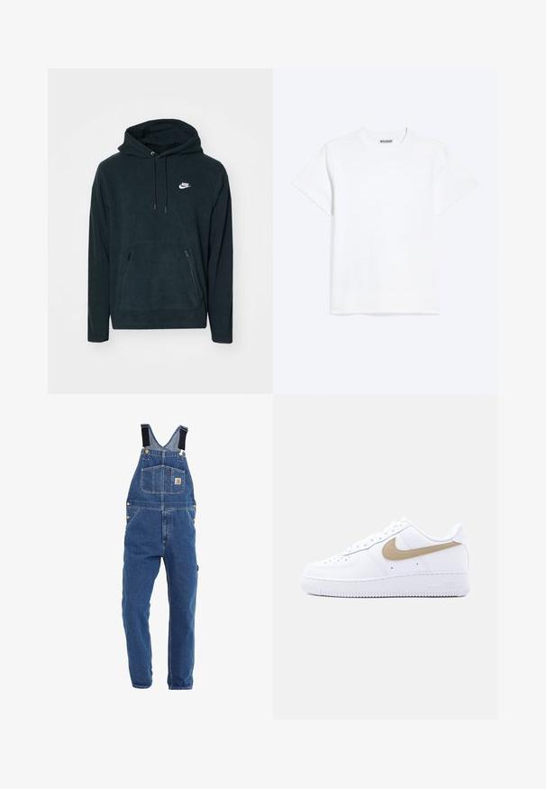 Schwarzer Fleece-Hoodie mit einer vorderen Kängurutasche und zwei seitlichen Reißverschlusstaschen. Enthält eine Kapuze mit Kordelzug und ein weißes Nike-Logo.; Schlichtes weißes T-Shirt mit kurzen Ärmeln und Rundhalsausschnitt mit einem "WEEKDAY"-Label auf der Innenseite des Rückenkraus, dargestellt auf hellem Hintergrund.; Jeanslatzhosen in einem mittleren Blauton, mit verstellbaren schwarzen Trägern, mehreren Taschen und Metallbeschlägen.; Weißer Nike Air Force 1 Sneaker mit niedrigem Schaft, beigem Swoosh-Logo, perforierter Zehenkappe und weißer Gummisohle auf einfarbigem hellgrauem Hintergrund.