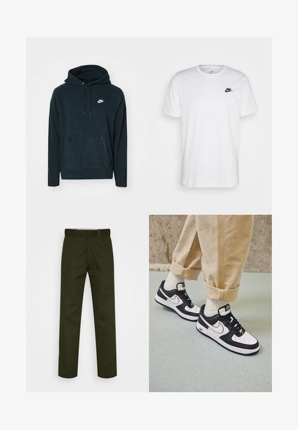 Schwarzer Fleece-Hoodie mit einer vorderen Kängurutasche und zwei seitlichen Reißverschlusstaschen. Enthält eine Kapuze mit Kordelzug und ein weißes Nike-Logo.; Weißes Baumwoll-T-Shirt mit Rundhalsausschnitt, kurzen Ärmeln und einem schwarzen Nike-Logo auf der linken Brust. Einfaches, einfarbiges Design.; Dunkelgrüne Hosen mit geraden Beinen, aus einem glatten Stoff. Sie verfügen über einen flachen Bund, Gürtelschlaufen und sind ohne sichtbare Muster oder Beschläge.; Schwarz-weiße Nike Air Force 1 Sneaker mit einem Obermaterial aus Leder, perforierter Zehenpartie und strukturiertem Sohlendesign, getragen mit aufgerollten beigen Hosen und weißen Socken.