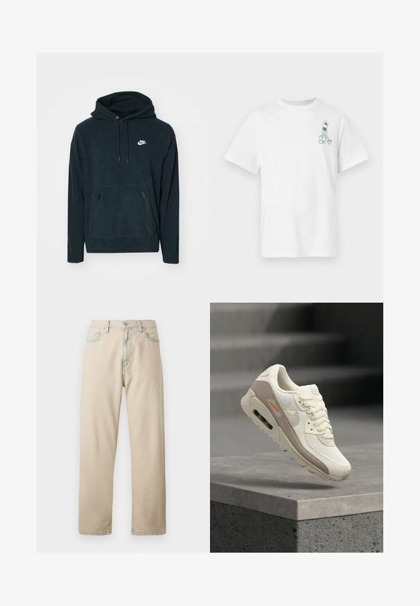 Schwarzer Fleece-Hoodie mit einer vorderen Kängurutasche und zwei seitlichen Reißverschlusstaschen. Enthält eine Kapuze mit Kordelzug und ein weißes Nike-Logo.; Weißes kurzärmliges T-Shirt mit kleiner grüner Alien-Grafik, die Taschen auf der linken Brustseite trägt.; Hellbeige Jeans aus Denim mit geradem Bein, fünf Taschen und Knopfverschluss. Verfügt über dezentes Verblassen des Stoffes und ein klassisches Design.; Beige und weiße Sportschuhe mit Mesh- und Lederpaneelen, Luftpolstersohle und Schnürsenkeln, schräg auf einer Betonkante platziert.