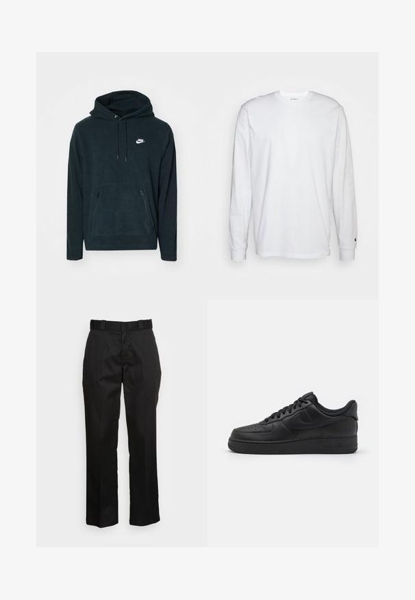 Schwarzer Fleece-Hoodie mit einer vorderen Kängurutasche und zwei seitlichen Reißverschlusstaschen. Enthält eine Kapuze mit Kordelzug und ein weißes Nike-Logo.; Weißes Langarm-T-Shirt aus Baumwolle. Rundhals-Design mit gerippten Bündchen und kleinem Logo auf dem linken Ärmel. Glatte Textur.; Schwarze Hose aus einem glatten Stoff, mit einem geraden Bein Design, Gürtelschlaufen und zwei Seiten Taschen. Klassischer Look ohne Verzierungen.; Nike Sportswear AIR FORCE 1 07 FLYEASE - Sneaker low - black