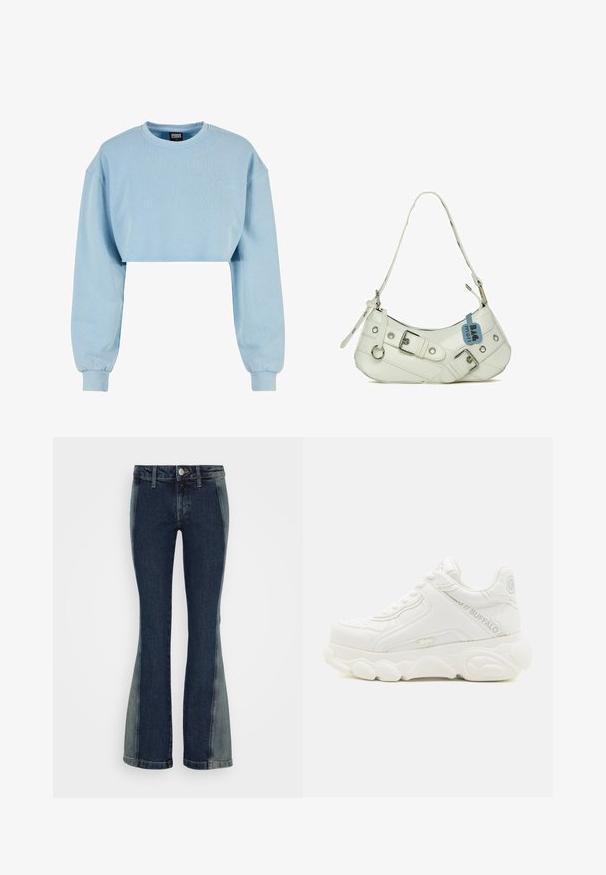 Zostrihnutý svetlomodrý sveter z mäkkého materiálu, s dlhými rukávmi a vyšívaným detailom kvetu na hrudi.; Weekday UTOPIA LOW WAIST - Zvonové džínsy - worn blue two tone; Biele masívne tenisky s hrubou podrážkou, šnurovaním a značkou "Buffalo" na boku a päte.; Biela syntetická kabelka s zakriveným siluetom, nastaviteľným popruhom, dekoratívnou prackou, striebornými kovovými detailmi a pribalenou modrou visačkou.