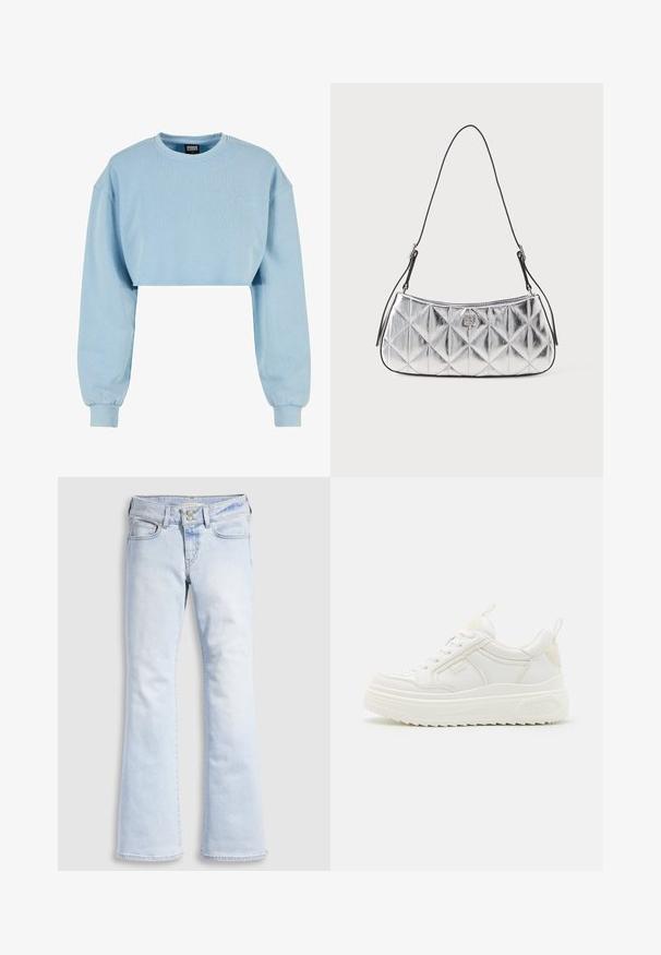 Sudadera cortada de color azul claro, hecha de una tela suave, con mangas largas y un detalle de flor bordado en el pecho.; Jeans acampanados de mezclilla azul claro con cintura alta, con cierre de botón, cinco bolsillos y sutiles detalles de desgaste en las caderas.; Zapatillas blancas de cuero con suela gruesa, diseño de cordones y una marca sutil. Presentan una textura suave y punta redonda.; Bolso de hombro plateado metálico con un diseño acolchado, textura suave y correa negra ajustable. Presenta un pequeño detalle del logo en la parte frontal.