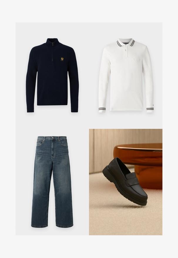 Suéter de punto navy con cuello alto, media cremallera y puños de canalé. Presenta un pequeño logo dorado en el pecho. Textura suave.; Camisa de polo blanca de manga larga con una tapeta de dos botones, cuello a rayas en blanco y negro, logo bordado en el pecho y puños a rayas.; Jeans de denim de pierna ancha en azul oscuro, con un lavado desvanecido, diseño de cinco bolsillos y costuras resistentes. Cierre de botón en la cintura.; Mocasín de cuero negro con suela gruesa flotando sobre una alfombra beige, con una mesa redonda marrón de fondo.