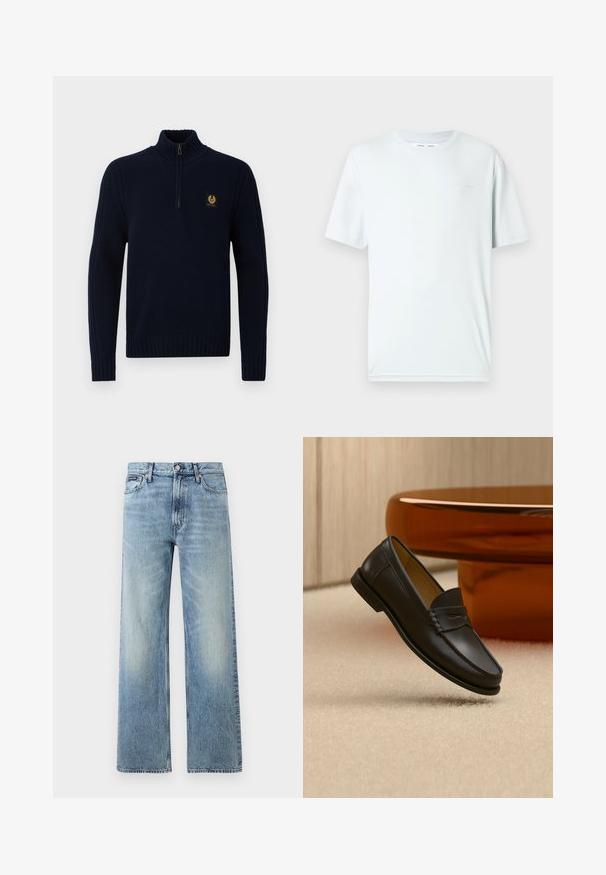 Suéter de punto navy con cuello alto, media cremallera y puños de canalé. Presenta un pequeño logo dorado en el pecho. Textura suave.; Camiseta de algodón azul claro con cuello redondo, mangas cortas y marca minimalista bordada en el pecho. Textura suave, diseño sencillo.; Vaqueros de mezclilla azul claro de corte recto con cintura alta, cinco bolsillos, cierre de botón y sutil desgaste en los muslos y las rodillas.; Zapato mocasín de cuero negro suspendido sobre una alfombra beige con muebles modernos de color ámbar en el fondo.
