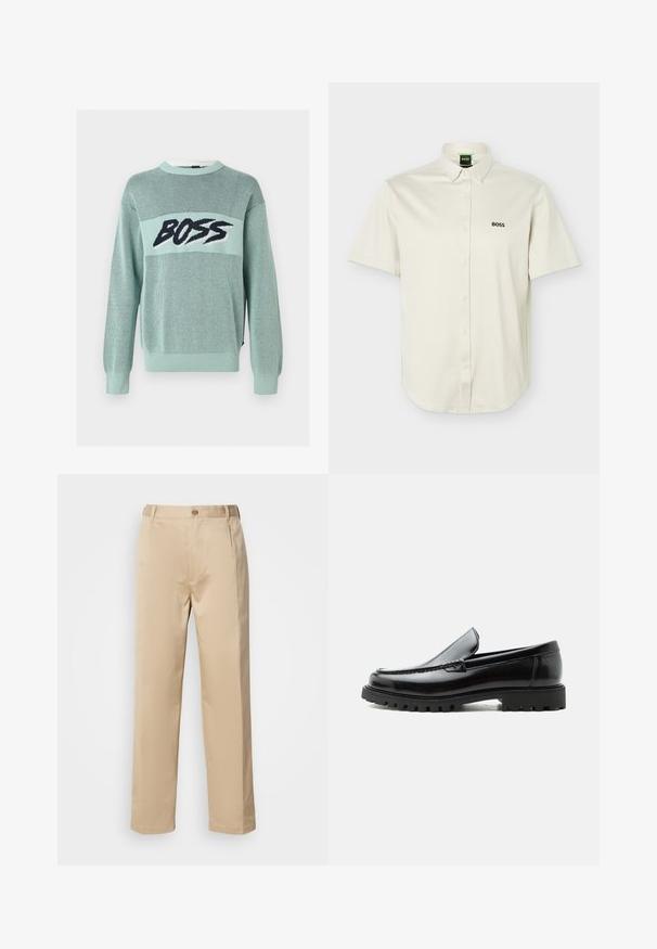 Pull en maille vert clair avec motif en mesh et texte noir audacieux "BOSS" sur la poitrine, avec poignets et ourlet côtelés.; Chemise blanche à manches courtes avec boutons-pression, col boutonné, logo "BOSS" noir sur la poitrine, et étiquette verte à l'intérieur du col.; Pantalons beiges en tissu léger, avec une coupe droite, une taille avec passants de ceinture et une fermeture à bouton sur le devant.; Mocassin en cuir noir avec semelle en caoutchouc épaisse, dessus cousu et nom de marque embossé sur le talon, présenté de profil sur fond blanc.