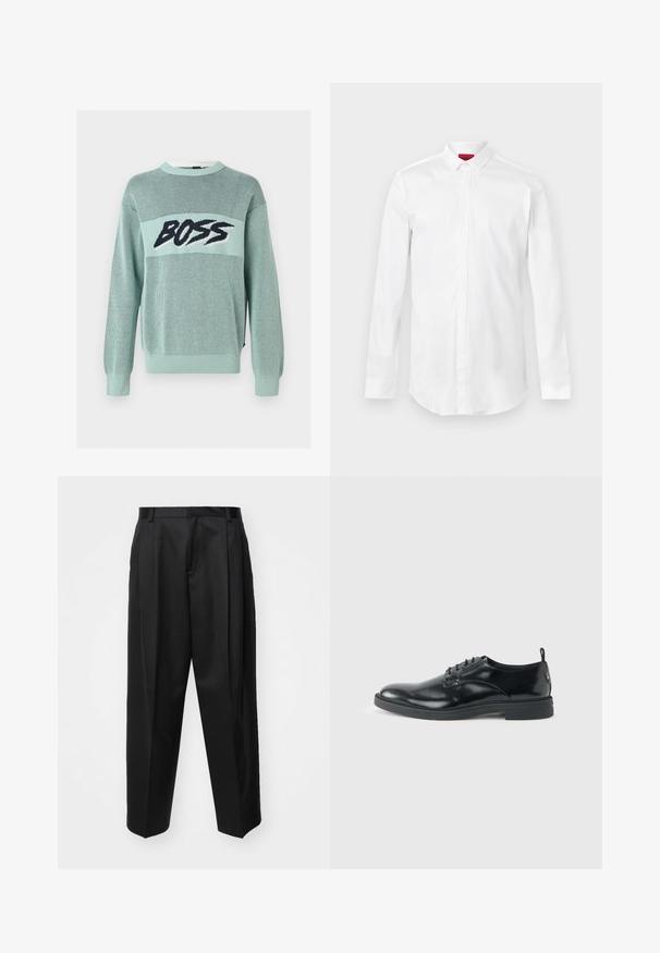 Pull en maille vert clair avec motif en mesh et texte noir audacieux "BOSS" sur la poitrine, avec poignets et ourlet côtelés.; Chemise blanche à manches longues avec col pointu et patte de boutonnage cachée, présentée sur un fond clair uni.; Pantalon noir ajusté avec taille haute, jambes larges et plis marqués. Fabriqué dans un tissu lisse avec passants de ceinture et sans quincaillerie visible.; Chaussure habillée en cuir noir brillant avec un petit talon, fermeture à lacets et bout rond, vue de côté sur un fond uni et clair.