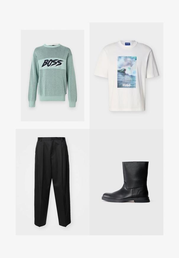 Pull en maille vert clair avec motif en mesh et texte noir audacieux "BOSS" sur la poitrine, avec poignets et ourlet côtelés.; T-shirt blanc à manches courtes avec un motif de vague océanique en bleu, vert et blanc et le texte "HUGO" centré à l'avant.; Pantalon noir ajusté avec taille haute, jambes larges et plis marqués. Fabriqué dans un tissu lisse avec passants de ceinture et sans quincaillerie visible.; Bottine noire en cuir avec finition texturée, bout rond et semelle en caoutchouc basse. Design simple sans quincaillerie visible ni embellissements.