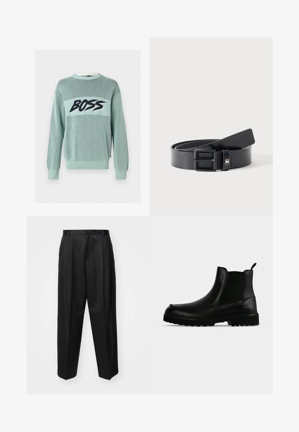 Pull en maille vert clair avec motif en mesh et texte noir audacieux "BOSS" sur la poitrine, avec poignets et ourlet côtelés.; Pantalon noir ajusté avec taille haute, jambes larges et plis marqués. Fabriqué dans un tissu lisse avec passants de ceinture et sans quincaillerie visible.; Bottine noire en cuir avec semelle texturée, panneaux latéraux élastiques et languette de tirage sur fond gris clair.; Ceinture en cuir noir avec boucle métallique noire mate, légèrement enroulée avec l'extrémité de la lanière reposant sur une surface blanche.
