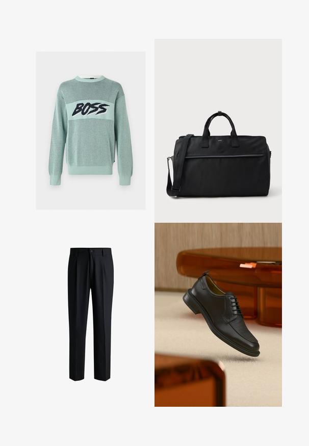 Pull en maille vert clair avec motif en mesh et texte noir audacieux "BOSS" sur la poitrine, avec poignets et ourlet côtelés.; Pantalons noirs en tissu lisse, avec une coupe droite, des plis à l'avant et une fermeture à bouton avec passants de ceinture.; Chaussure habillée noire en cuir à lacets avec devant texturé, flottant au-dessus d'un tapis beige dans une pièce moderne avec des meubles teintés d'ambre.; Sac de voyage rectangulaire noir avec doubles poignées, bandoulière réglable, poche zippée à l'avant et petit logo "BOSS" à l'avant.
