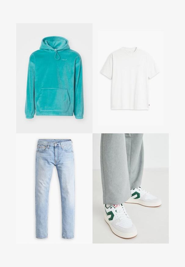 Turquoise hoodie met een zachte textuur, frontale kangoeroezak en elastische boorden. Voorzien van een trekkoord bij de halslijn.; Wit katoenen T-shirt met korte mouwen, ronde hals en een subtiel "Levi's" logo in een lichte kleur op de voorkant gedrukt.; Lichtblauwe denim jeans met een rechte snit, vijf zakken en oranje stiksels, met een knoop- en ritssluiting.; Witte en groene sneakers van glad leer en suedemateriaal, met een opvallende groene logo-accent en witte veters. Grijze broeken gedeeltelijk zichtbaar.