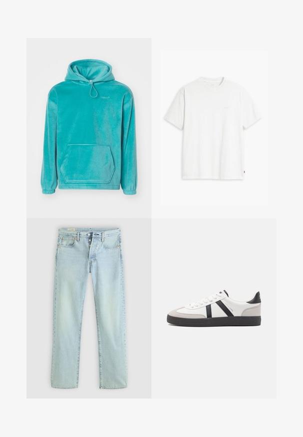 Sudadera con capucha turquesa de textura suave, con un bolsillo tipo canguro en la parte frontal y puños elásticos. Presenta un cordón en el escote.; Camiseta de algodón blanca con mangas cortas, cuello redondo y un sutil logo "Levi's" impreso en color claro en la parte frontal.; Jeans de mezclilla de un azul claro con corte recto, cinco bolsillos, cierre de botones y un leve desvanecimiento. Presenta detalles de costura y remaches de cobre.; Zapatilla blanca con acentos en negro y gris, que presenta una puntera texturizada en gris, suela de goma negra y cordones planos blancos. Diseño limpio, estilo minimalista.