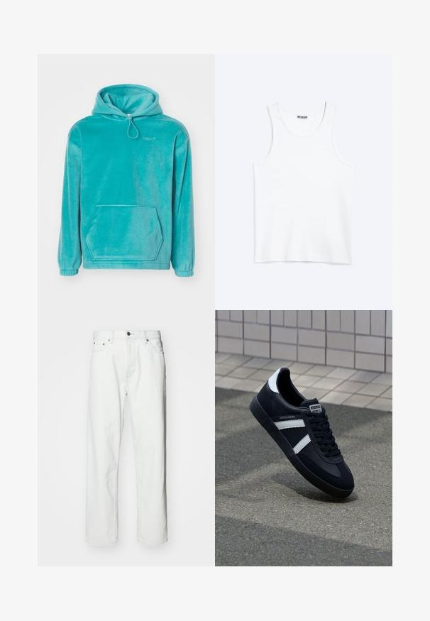 Turkis hætte sweatshirt med en blød tekstur, frontlomme til hænderne og elastiske manchetter. Har en snor i halsen.; Hvid ærmeløs tanktop med rund halsudskæring og Weekday-mærke på den indvendige baghals, vist fladt på lys baggrund.; Hvide denimbukser med lige pasform, fem-lomme design, knaplukning og subtile syninger. Glat tekstur og minimalistisk stil.; Sort lædersneaker med hvide striber, tekstureret gummisål og snørrebånd foran. Har et brandet mærke på tungen.