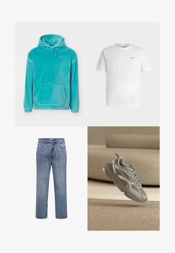 Turkis hætte sweatshirt med en blød tekstur, frontlomme til hænderne og elastiske manchetter. Har en snor i halsen.; Hvid kortærmet t-shirt med rund hals og lille sort tekstlogo "Marc O'Polo DENIM" på øverste venstre bryst.; Lyseblå straight-leg denim jeans med knap- og lynlåslukning samt for- og baglommer.; Lysegrå chunky sneakers med mesh- og læderdetaljer, snørebånd bundet, vist flydende over et beige struktureret tæppe indendørs.