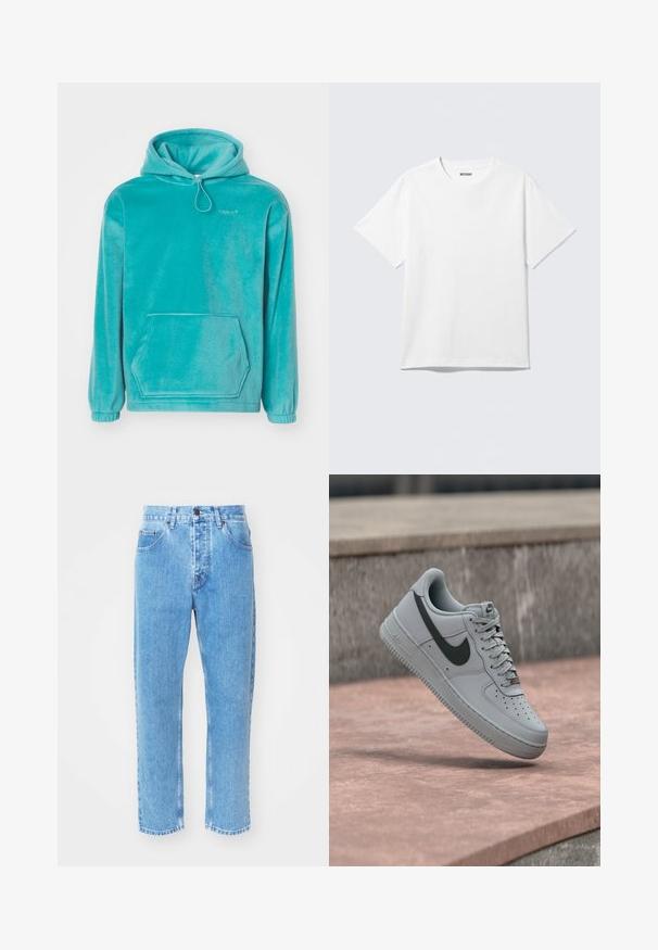Sudadera con capucha turquesa de textura suave, con un bolsillo tipo canguro en la parte frontal y puños elásticos. Presenta un cordón en el escote.; Camiseta blanca de manga corta con cuello redondo, colocada plana, diseño liso, con etiqueta "WEEKDAY" en el interior del cuello sobre un fondo claro.; Los vaqueros de mezclilla azul claro presentan un diseño de pierna recta, cinco bolsillos y un clásico cierre de botón en la cintura.; Zapatilla Nike Air Force 1 gris con el logo swoosh negro, suela blanca y cordones, mostrada en el aire sobre una superficie de concreto.