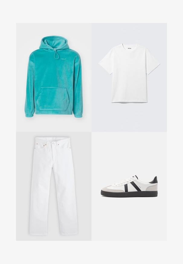 Sudadera con capucha turquesa de textura suave, con un bolsillo tipo canguro en la parte frontal y puños elásticos. Presenta un cordón en el escote.; Camiseta blanca de manga corta con cuello redondo, colocada plana, diseño liso, con etiqueta "WEEKDAY" en el interior del cuello sobre un fondo claro.; Vaqueros blancos de pierna recta con diseño de cinco bolsillos, cierre de botón y cremallera, y detalles de remaches de cobre en los bolsillos.; Zapatilla blanca con acentos en negro y gris, que presenta una puntera texturizada en gris, suela de goma negra y cordones planos blancos. Diseño limpio, estilo minimalista.