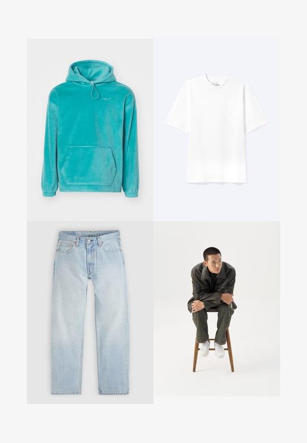Turquoise hoodie met een zachte textuur, frontale kangoeroezak en elastische boorden. Voorzien van een trekkoord bij de halslijn.; Effen witte T-shirt met korte mouwen en ronde hals, met een losse pasvorm, weergegeven op een lichte achtergrond.; Lichtblauwe spijkerbroek met een ontspannen pasvorm, met vijf zakken, een knoopsluiting en subtiele oranje stikseldetails.; Jonge man in een donkere leren jas en spijkerbroek zit op een houten kruk, leunt naar voren met gekruiste armen en kijkt naar de zijkant tegen een witte achtergrond.