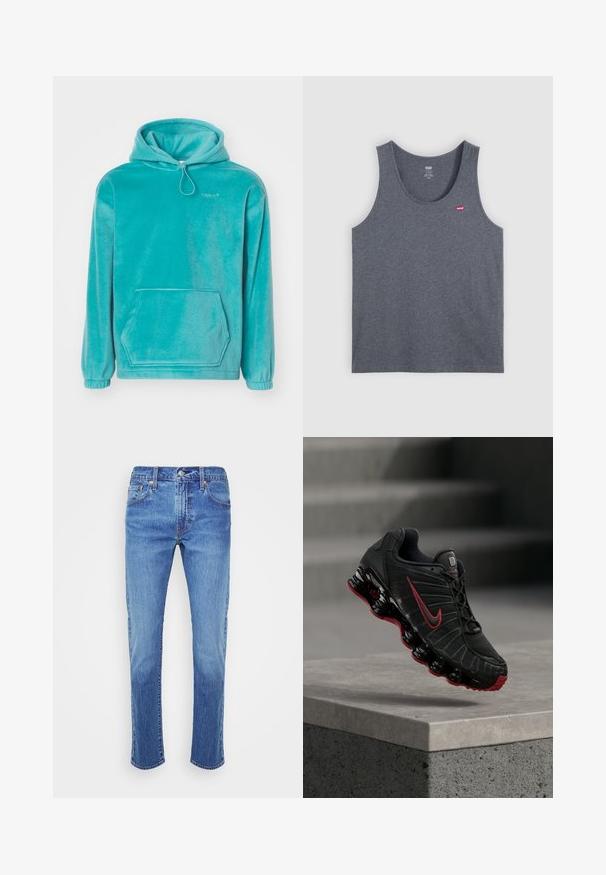 Turquoise hoodie met een zachte textuur, frontale kangoeroezak en elastische boorden. Voorzien van een trekkoord bij de halslijn.; Grijze katoenen tanktop met een ronde hals, mouwloos ontwerp en een klein rood Levi's-logo op de linkerborst. Effen structuur.; Lichtblauwe denim jeans met een recht gesneden ontwerp, vijf zakken en koperen klinknagels. De stof heeft een lichte textuur met vervagingsdetails.; Zwarte en rode Nike sportschoen met zichtbare veerachtige zool, balancerend op de rand van een betonnen trede.