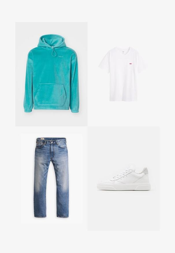 Turkis hætte sweatshirt med en blød tekstur, frontlomme til hænderne og elastiske manchetter. Har en snor i halsen.; Hvid bomulds t-shirt med rund halsudskæring, korte ærmer og et lille rødt Levi's-logo på venstre bryst. Glat tekstur, standard pasform.; Blå denim jeans med en bleget finish, lige ben-design, fem-lomme stil og kobbernitter. Stoffet har en klassisk tekstur.; Hvide lædersneakers med en glat finish, rund tå, flade snørebånd og en struktureret sål. Grå ruskindsdetalje ved hælen.