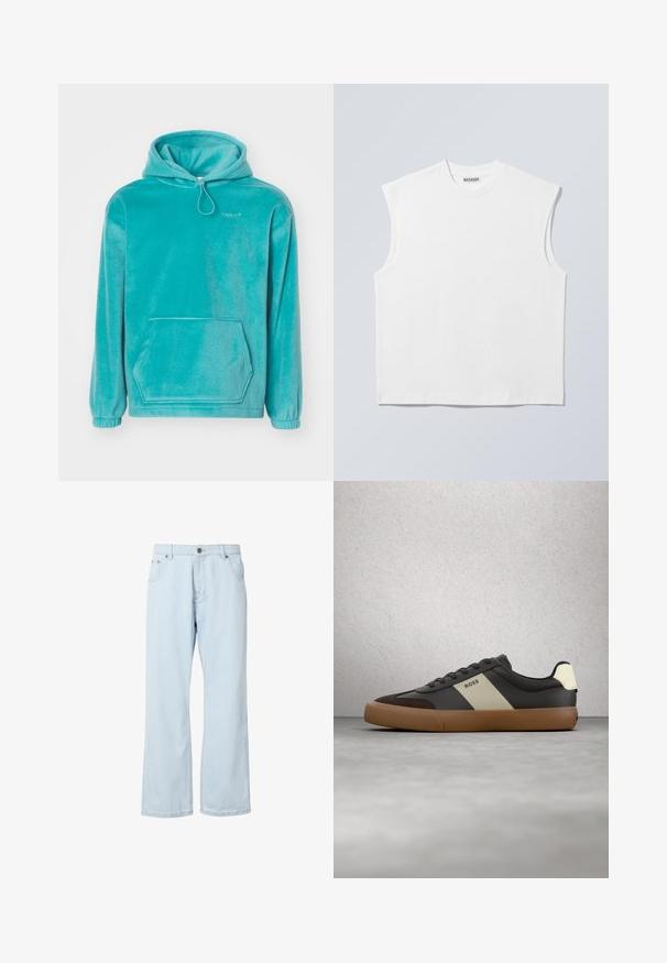 Turkis hætte sweatshirt med en blød tekstur, frontlomme til hænderne og elastiske manchetter. Har en snor i halsen.; Hvid ærmeløs bomulds top med rund hals og markerede skulderpartier, mærket "WEEKDAY" på halsmærket, vist på lys grå baggrund.; Lysblå denimjeans med en afslappet pasform, lige ben og fem lommer. Minimalistiske syninger og en enkelt knappelukning.; Sort og brun sneaker med beige stribe og "BOSS"-logo, svævende over gråt betongulv og baggrund med glassblokvæg.