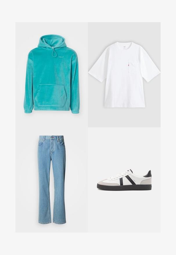 Turkis hætte sweatshirt med en blød tekstur, frontlomme til hænderne og elastiske manchetter. Har en snor i halsen.; Hvid bomulds-T-shirt med korte ærmer, rund hals og lomme på venstre bryst. Har en lille rød logoetiket på lommen.; Lyseblå denim flare jeans med høj talje, lodrette striber og fem-lomme-design med knaplukning foran.; Hvide sneakers med sorte og grå detaljer, med en tekstureret grå tåhætte, sort gummisål og flade hvide snørebånd. Rent design, minimalistisk stil.