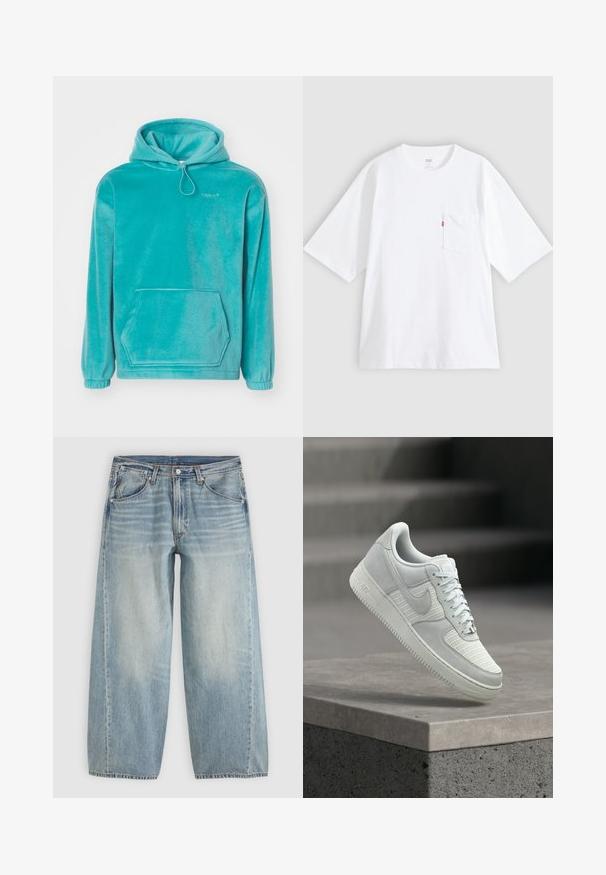Turkis hætte sweatshirt med en blød tekstur, frontlomme til hænderne og elastiske manchetter. Har en snor i halsen.; Hvid bomulds-T-shirt med korte ærmer, rund hals og lomme på venstre bryst. Har en lille rød logoetiket på lommen.; Lyseblå viddebenede cowboybukser med forlommer, bæltestropper, knaplukning og subtil falmning på lårene mod en ensfarvet baggrund.; Hvid Nike Air Force 1 sneaker med mesh og læderpaneler, snørebånd bundet, svævende over en betonrækværk mod en sløret baggrund af trapper.