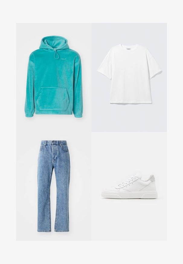 Sudadera con capucha turquesa de textura suave, con un bolsillo tipo canguro en la parte frontal y puños elásticos. Presenta un cordón en el escote.; Camiseta blanca de gran tamaño con mangas cortas, cuello redondo y hombros caídos, plana sobre fondo gris claro.; Jeans de mezclilla de color azul claro con un diseño de cintura alta y pierna ancha, estilo clásico de cinco bolsillos y sutil desvanecimiento en la tela.; Zapatillas de cuero blanca con un acabado suave, punta redondeada, cordones planos y una suela texturada. Acento de ante gris en el talón.