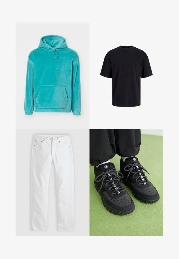 Turquoise hoodie met een zachte textuur, frontale kangoeroezak en elastische boorden. Voorzien van een trekkoord bij de halslijn.; Zwarte katoenen t-shirt met een ronde halslijn, korte mouwen en een relaxte pasvorm. Glad textuur en geen zichtbare patronen of accenten.; Witte rechte herenjeans met knoopsluiting, vijf zakken en koperen klinknageldetails op een lichtgrijze achtergrond.; Zwarte sneakers zijn gemaakt van een mix van leer en mesh-materialen, hebben een gestructureerde rubberen zool, opvallende perforaties en patroonveters met numerieke accenten.